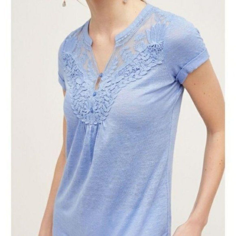 Anthropologie Deletta Blue Lace Short Sleeve Henley Neck Tee Top XS